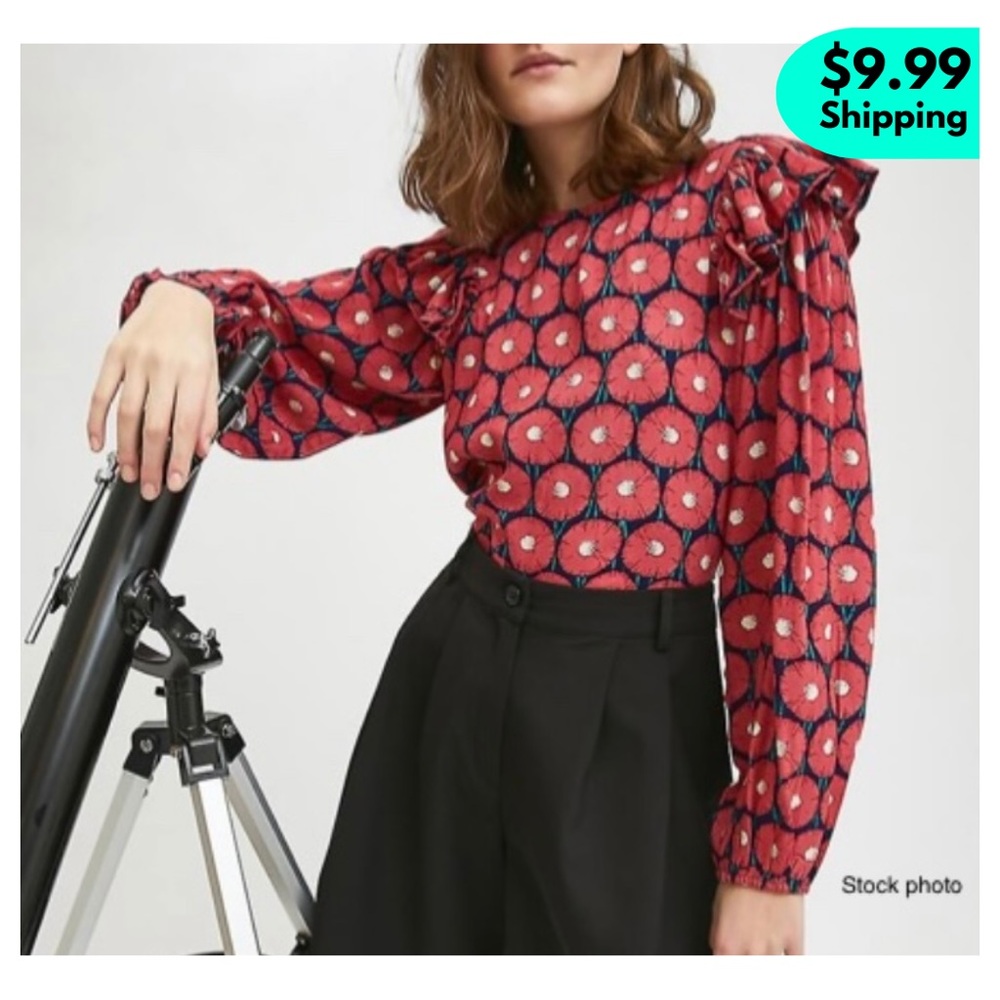 MODCLOTH • COMPANIA FANTASTICA Poppy Print Long-sleeve Ruffle Blouse Top XL/10US